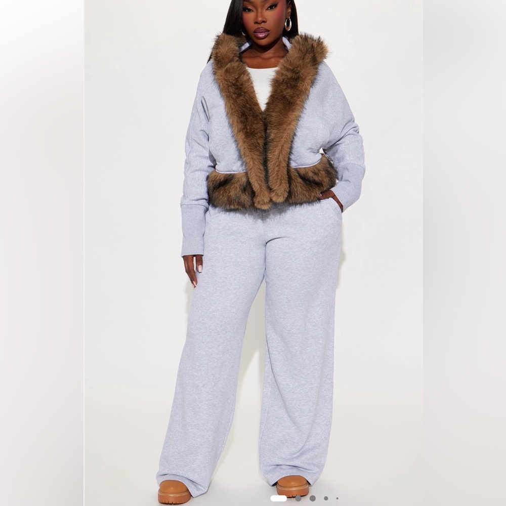 Fashion Nova Light Gray Wide-Leg Jumpsuit with Brown Faux-Fur Trim